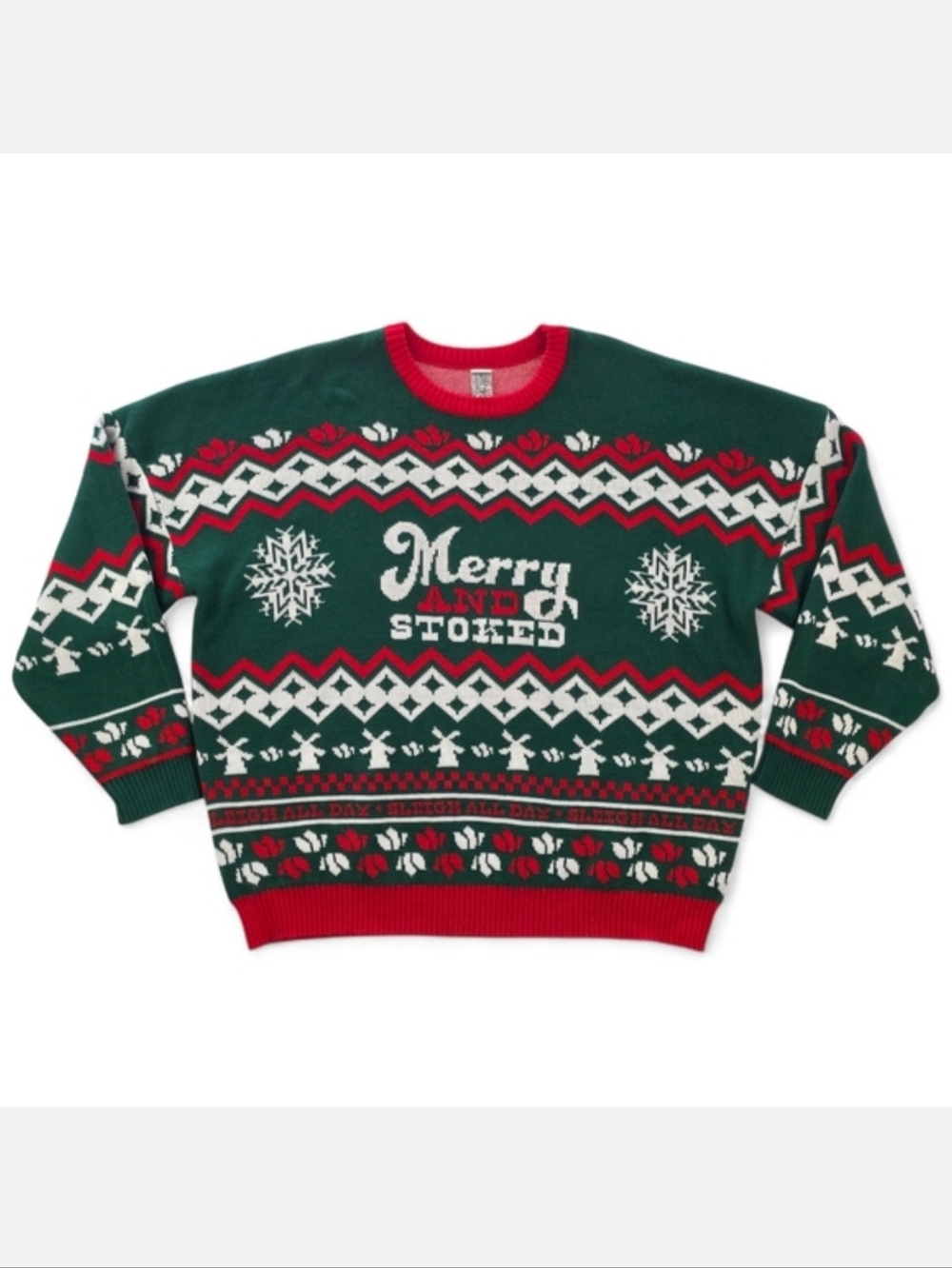Dutch Bros Merry & Stoked Ugly Christmas Sweater Men Large Green Red White